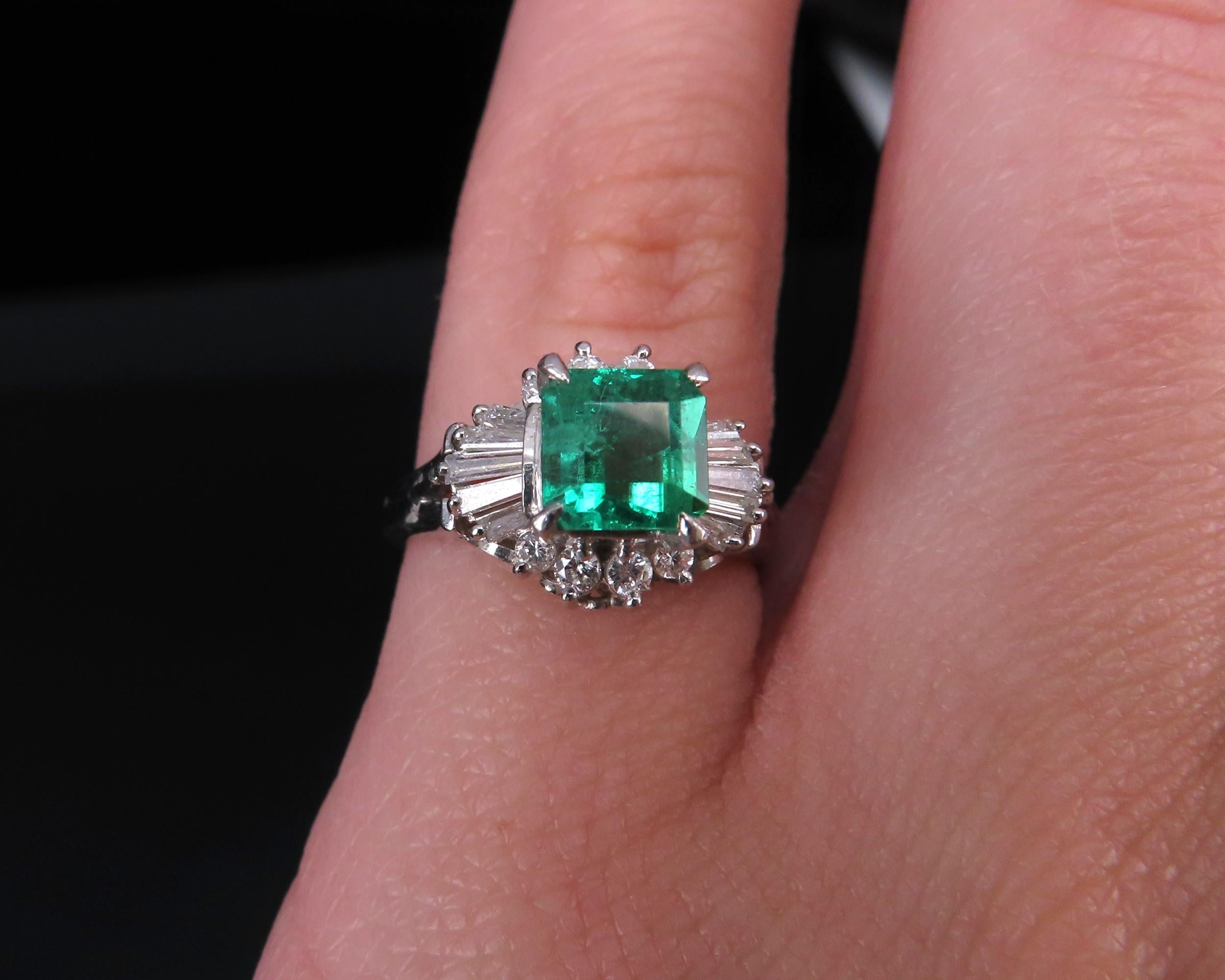 Vintage 0.90ct Colombian Emerald & 0.37ct Diamond Platinum Ring, Size 3.75