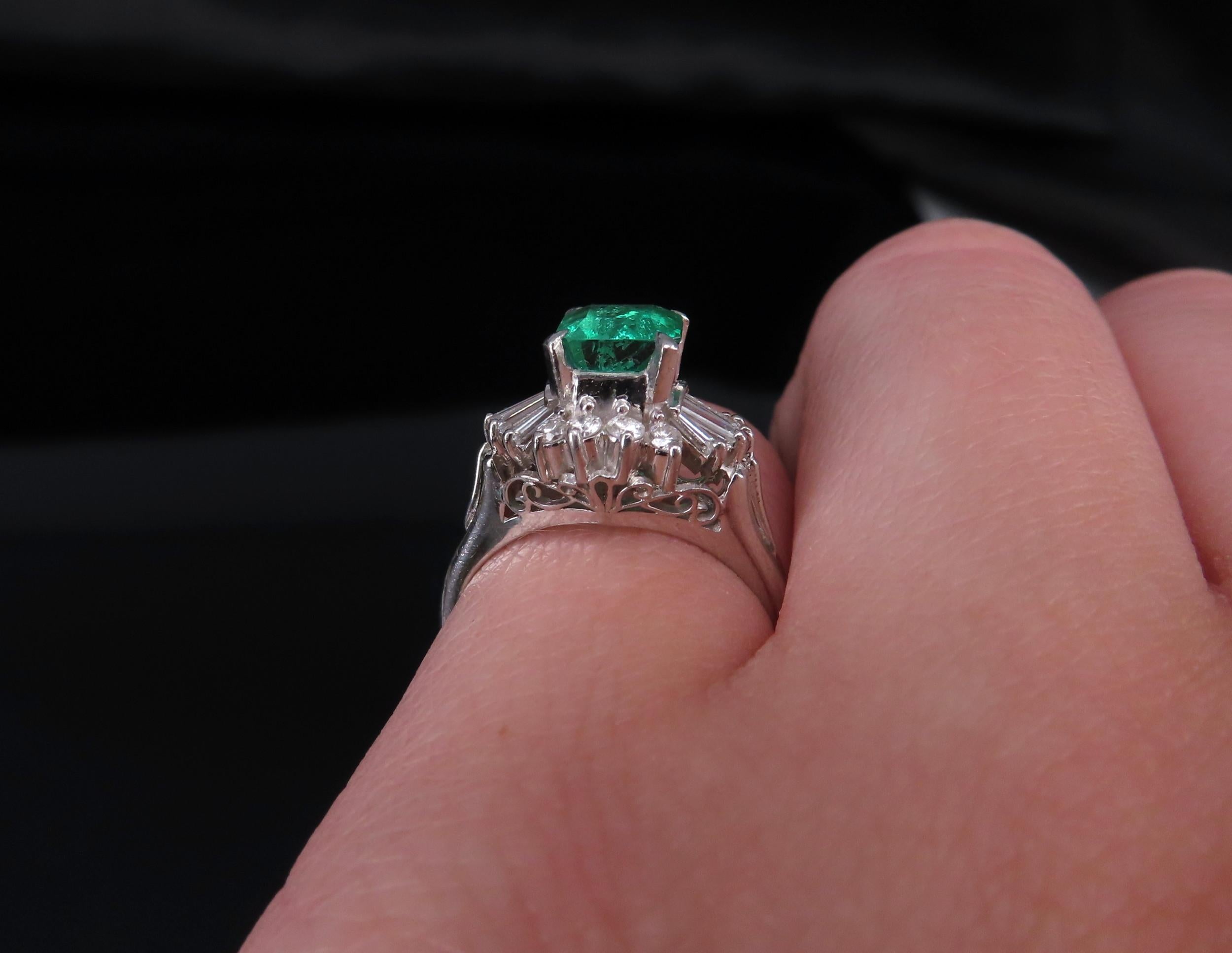 Vintage 0.90ct Colombian Emerald & 0.37ct Diamond Platinum Ring, Size 3.75