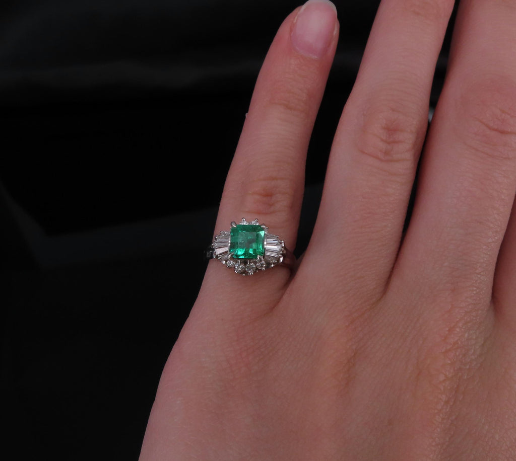 Vintage 0.90ct Colombian Emerald & 0.37ct Diamond Platinum Ring, Size 3.75