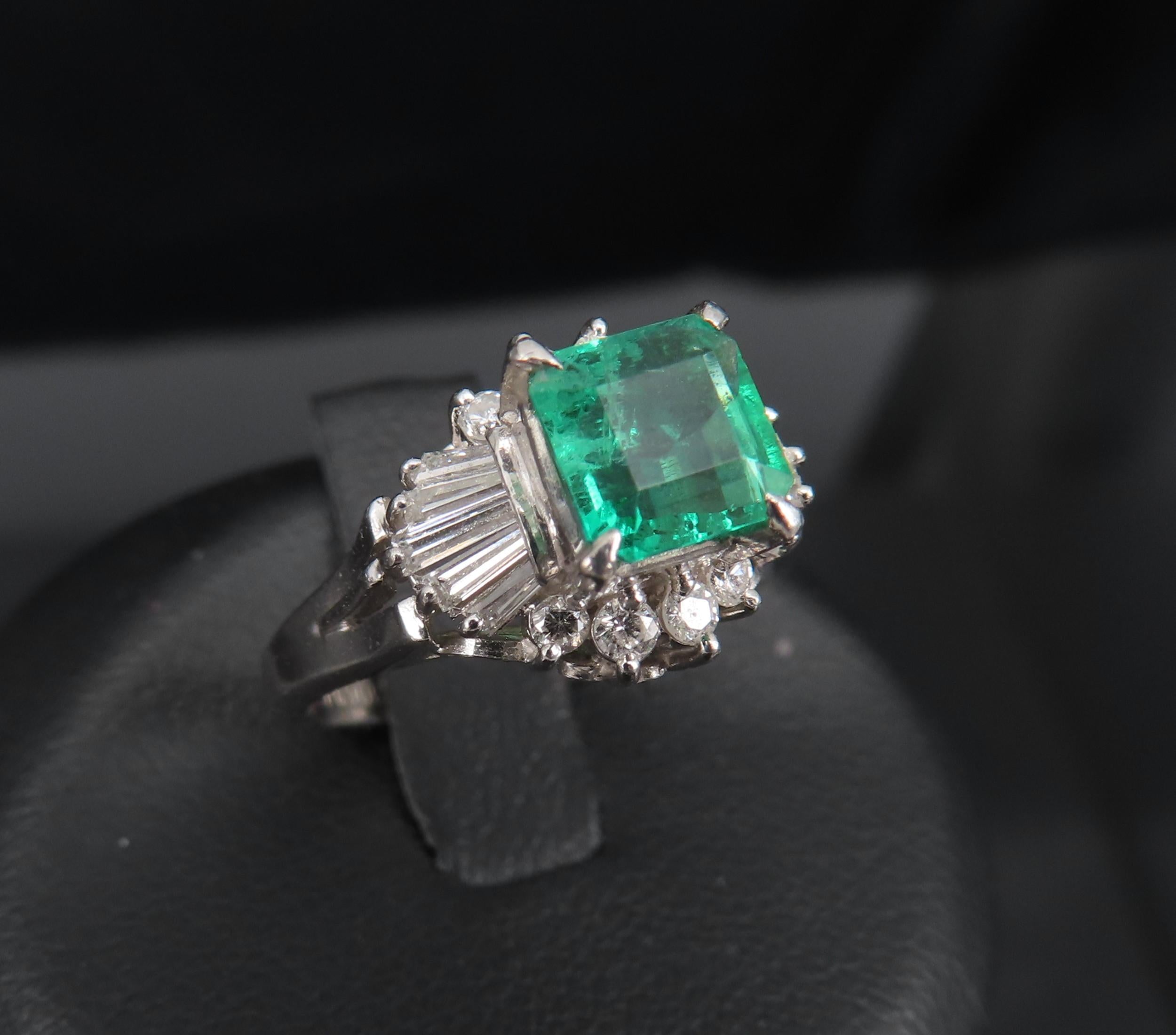 Vintage 0.90ct Colombian Emerald & 0.37ct Diamond Platinum Ring, Size 3.75