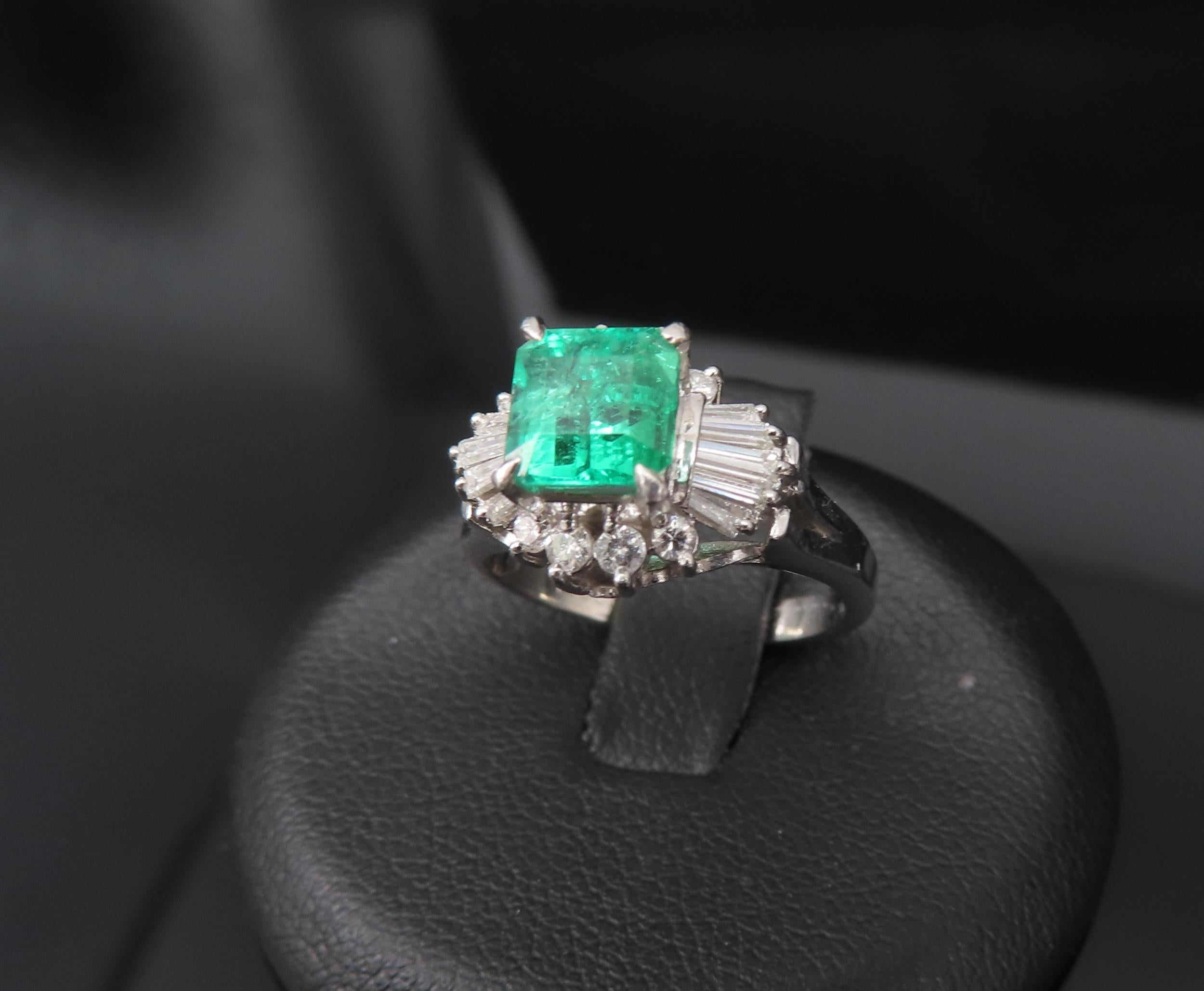 Vintage 0.90ct Colombian Emerald & 0.37ct Diamond Platinum Ring, Size 3.75