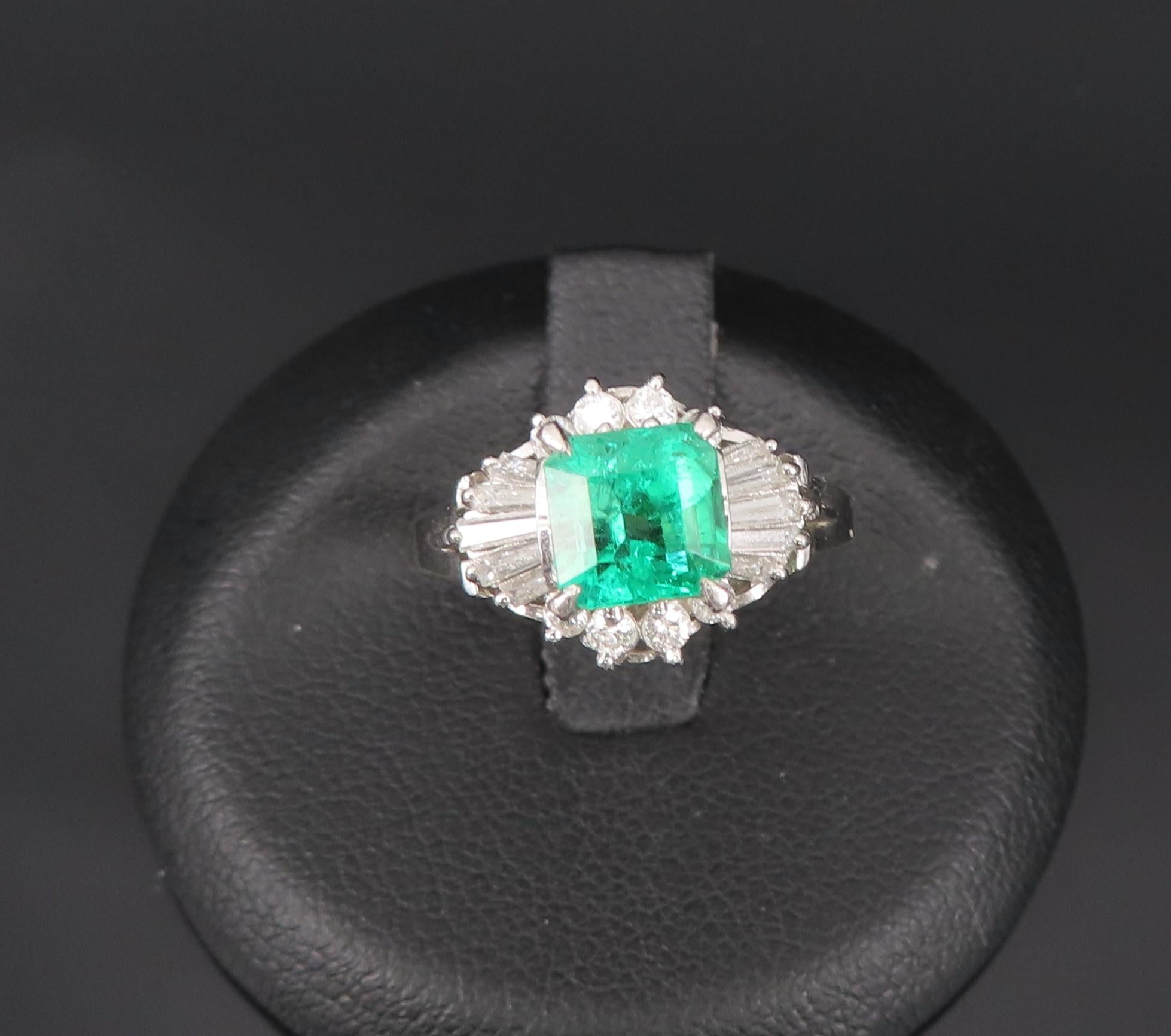 Vintage 0.90ct Colombian Emerald & 0.37ct Diamond Platinum Ring, Size 3.75