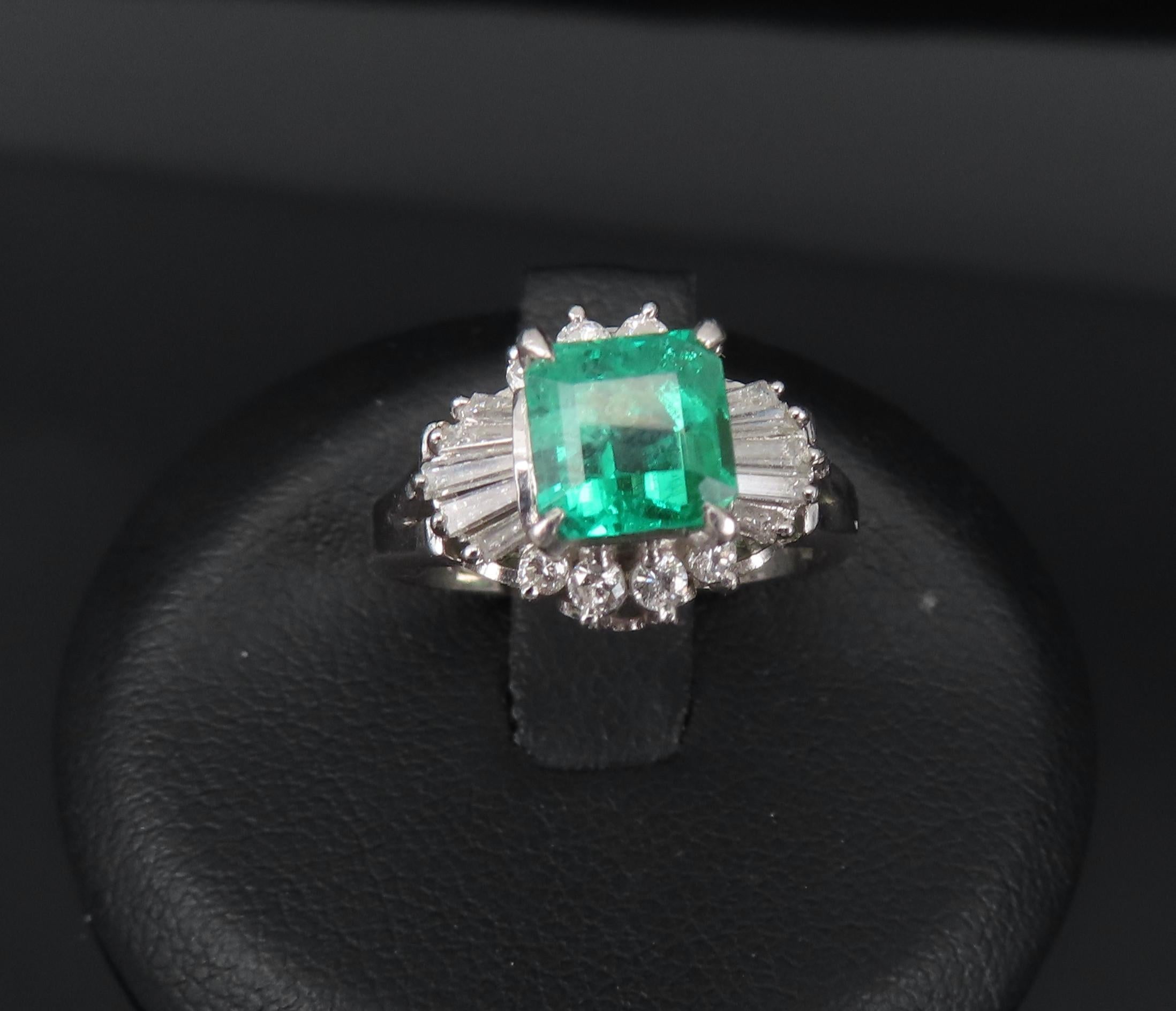 Vintage 0.90ct Colombian Emerald & 0.37ct Diamond Platinum Ring, Size 3.75