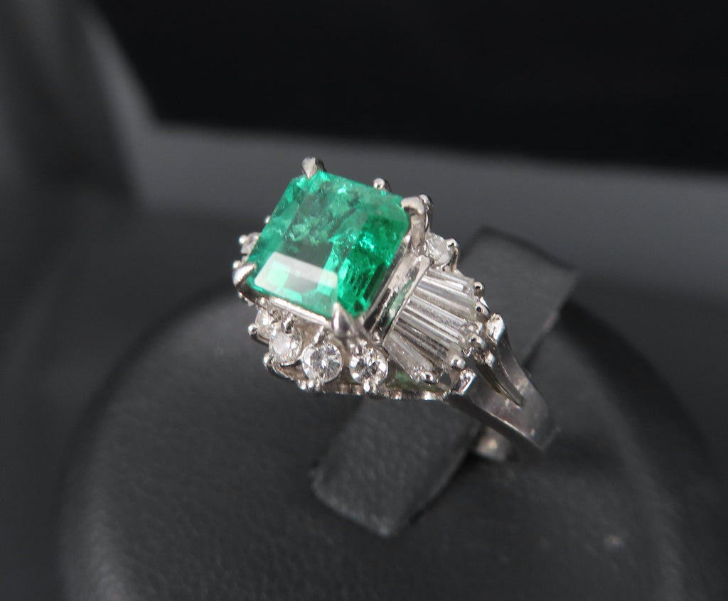 Vintage 0.90ct Colombian Emerald & 0.37ct Diamond Platinum Ring, Size 3.75