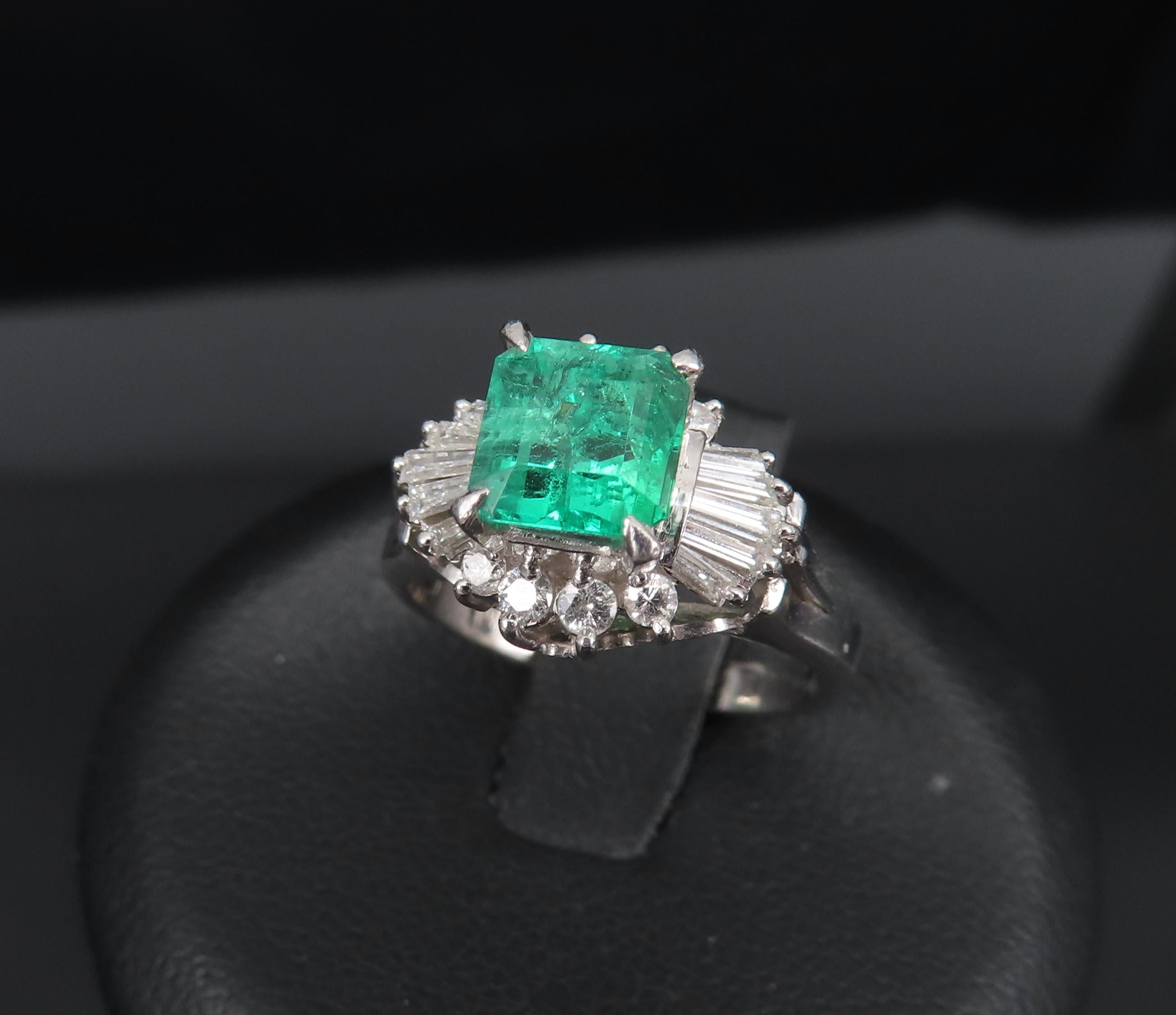 Vintage 0.90ct Colombian Emerald & 0.37ct Diamond Platinum Ring, Size 3.75