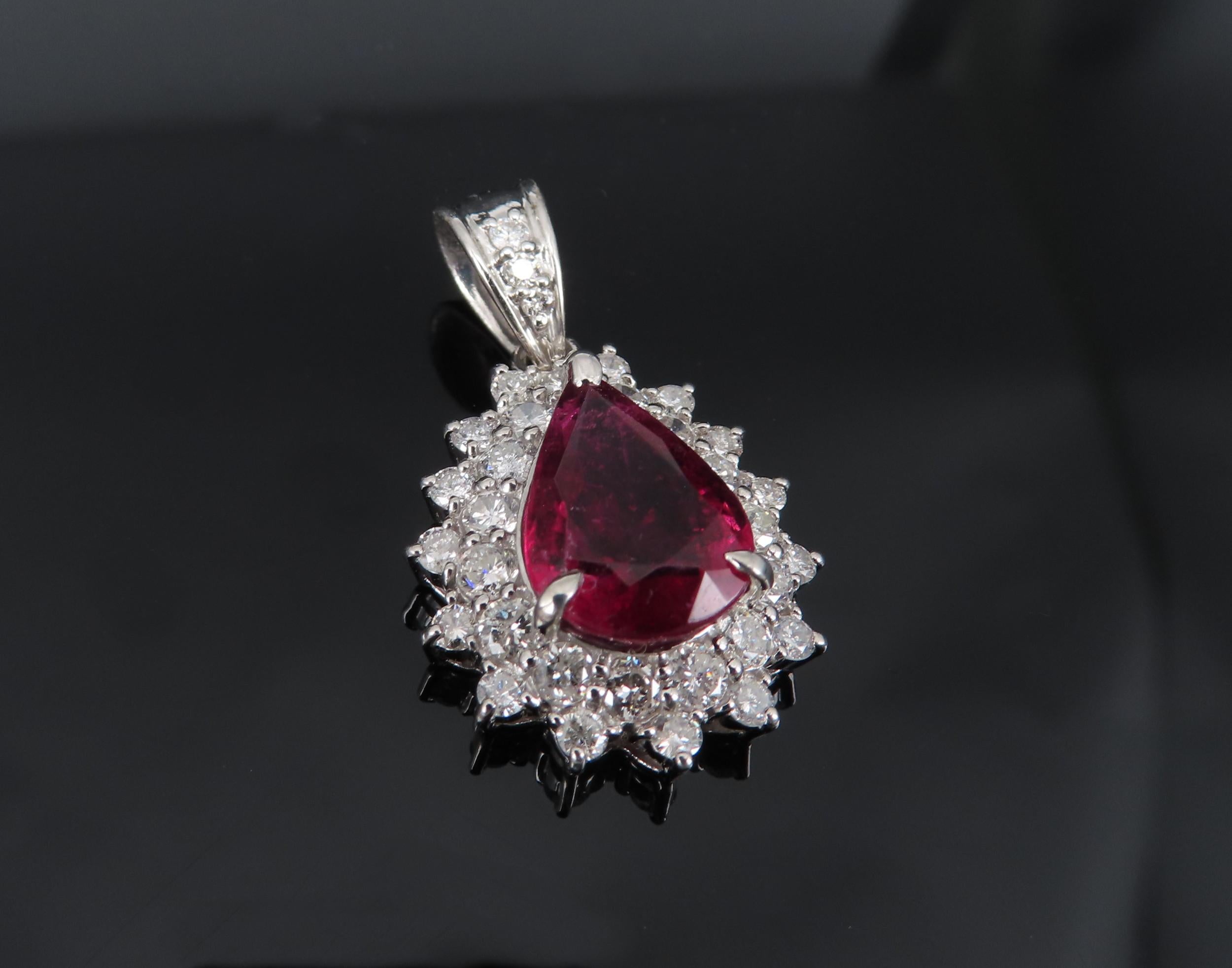 Fine 2.61ct Intense Red Rubellite Tourmaline & 1.03ct Diamond Platinum Pendant