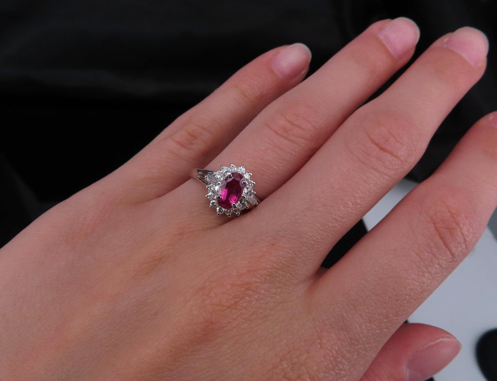 Vintage 1.02ct Intense Red Ruby & 0.31ct Diamond Platinum Cocktail Ring Size 7