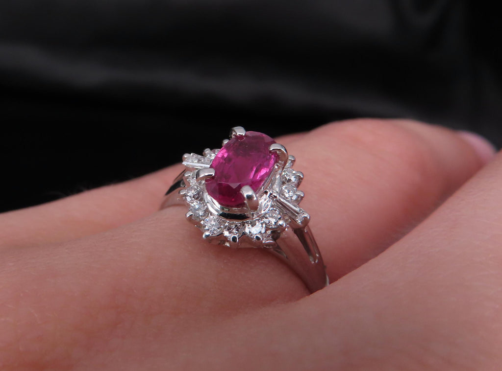 Vintage 1.02ct Intense Red Ruby & 0.31ct Diamond Platinum Cocktail Ring Size 7