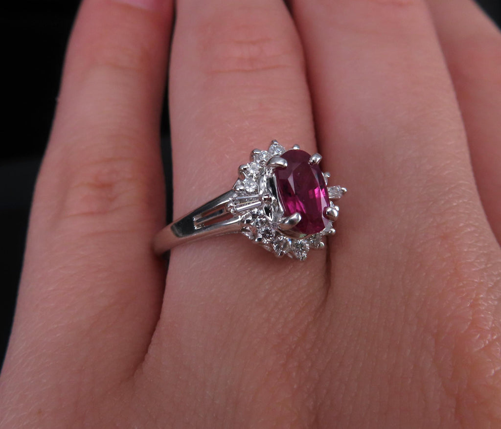 Vintage 1.02ct Intense Red Ruby & 0.31ct Diamond Platinum Cocktail Ring Size 7