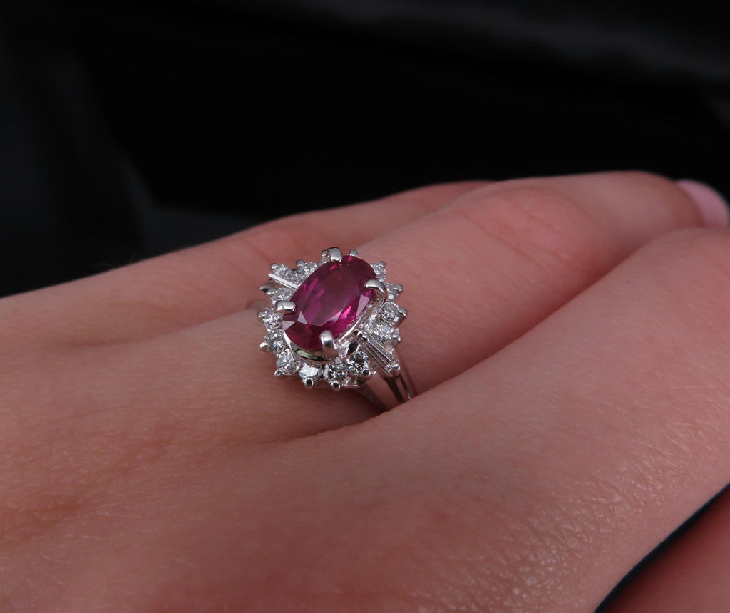 Vintage 1.02ct Intense Red Ruby & 0.31ct Diamond Platinum Cocktail Ring Size 7