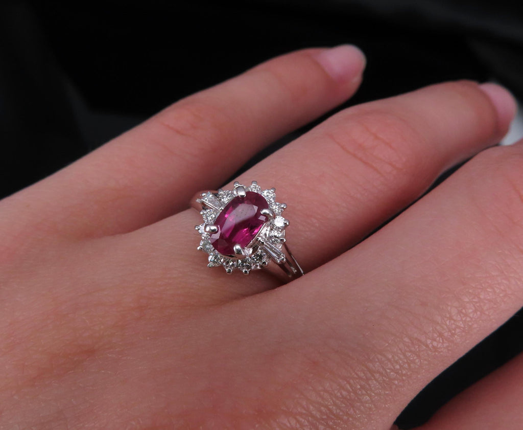 Vintage 1.02ct Intense Red Ruby & 0.31ct Diamond Platinum Cocktail Ring Size 7