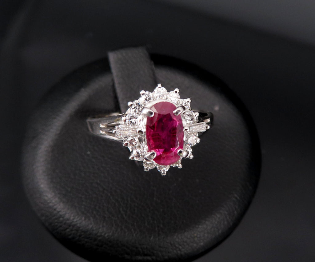 Vintage 1.02ct Intense Red Ruby & 0.31ct Diamond Platinum Cocktail Ring Size 7