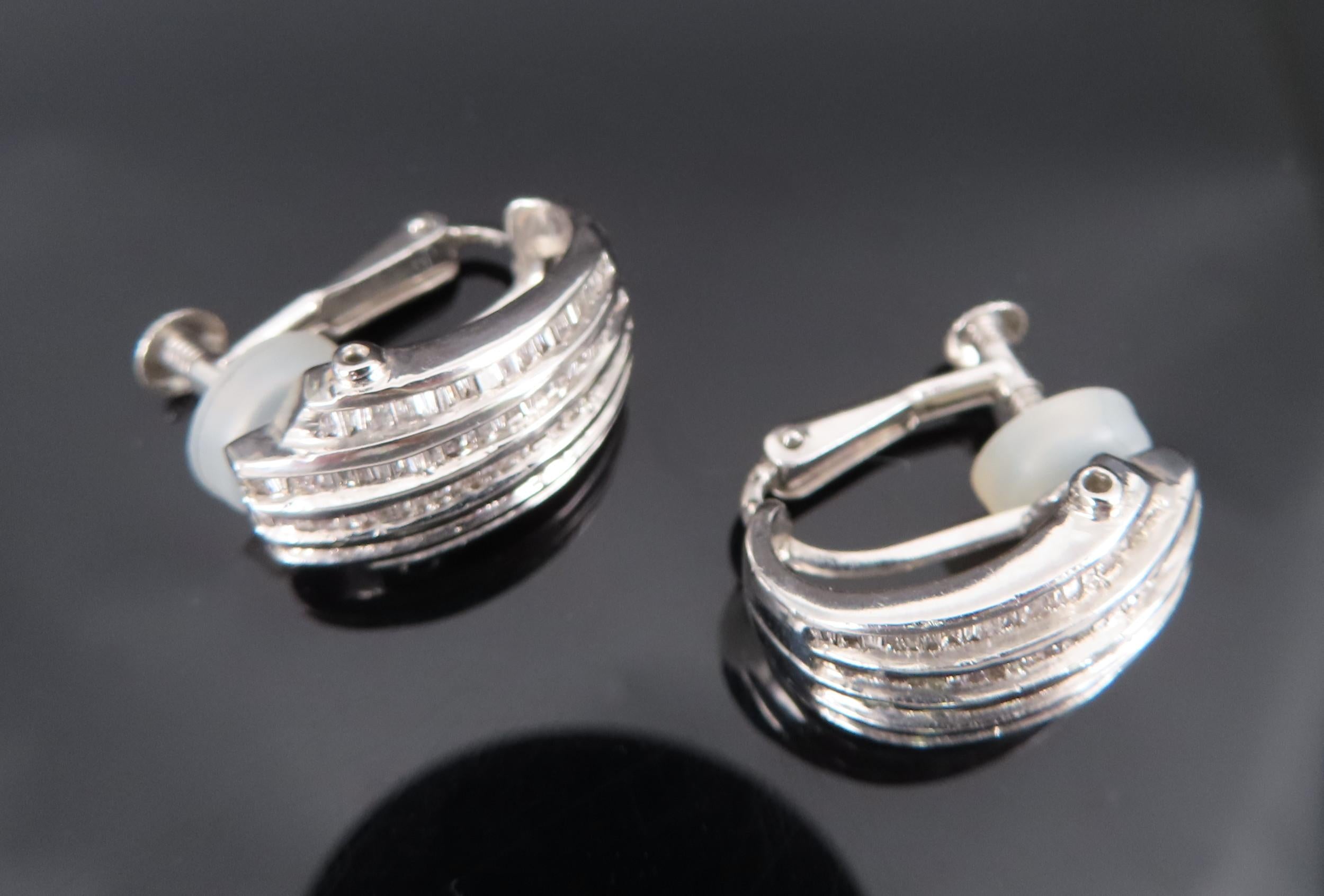 Vintage 2.0ct Baguette Cut Diamond Platinum & 18K White Gold Clip Earrings