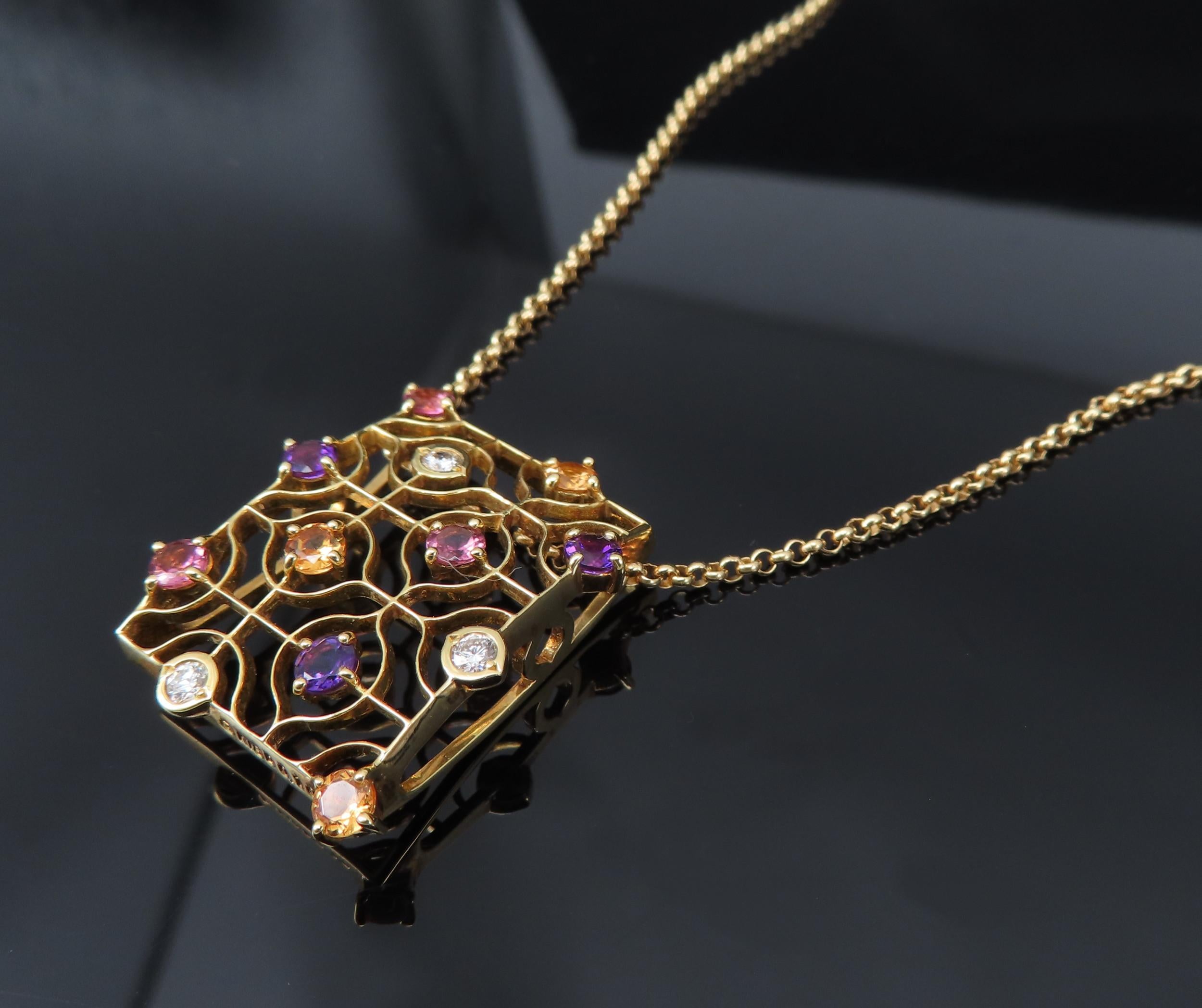 Rare Mikimoto 0.10ct Diamond 0.90ct Multicolor Sapphire 18K Yellow Gold Necklace