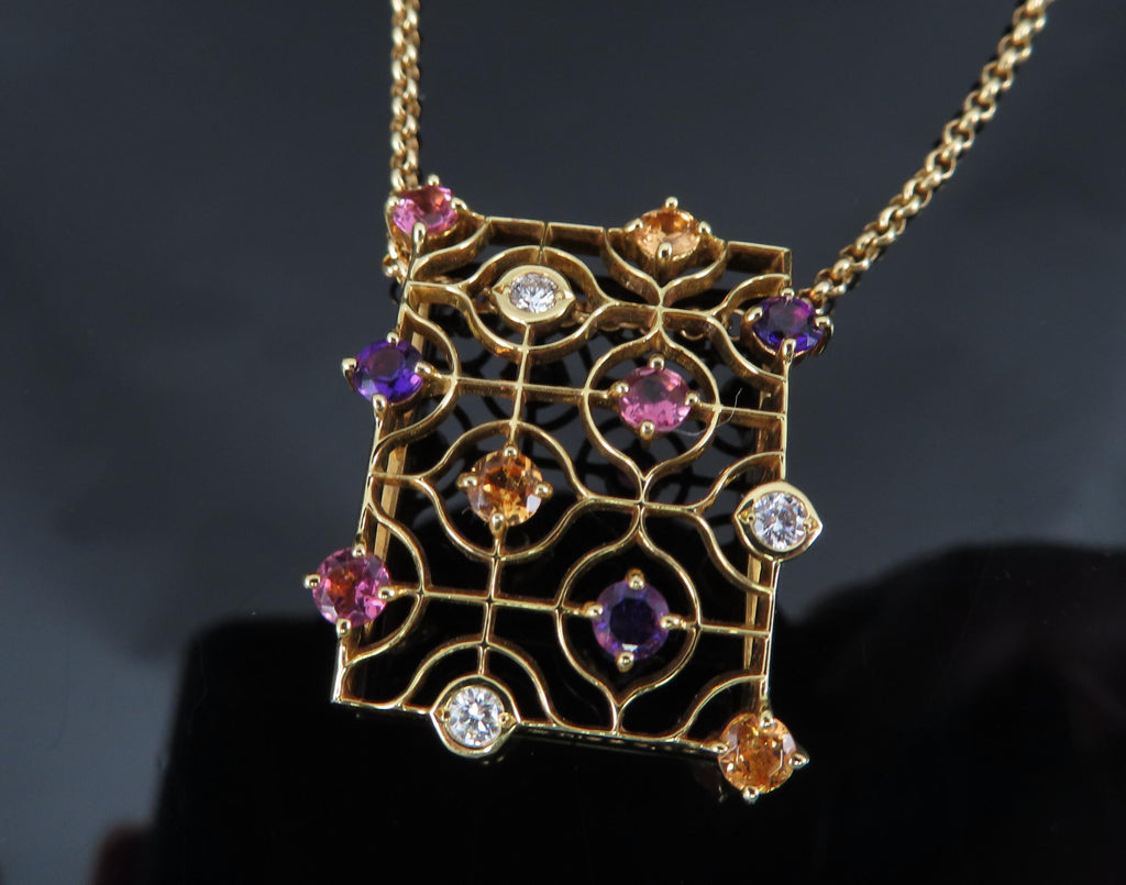Rare Mikimoto 0.10ct Diamond 0.90ct Multicolor Sapphire 18K Yellow Gold Necklace