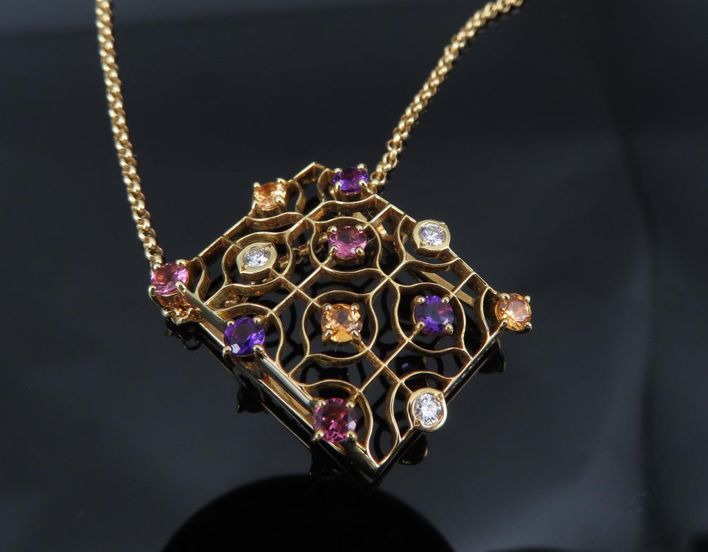 Rare Mikimoto 0.10ct Diamond 0.90ct Multicolor Sapphire 18K Yellow Gold Necklace