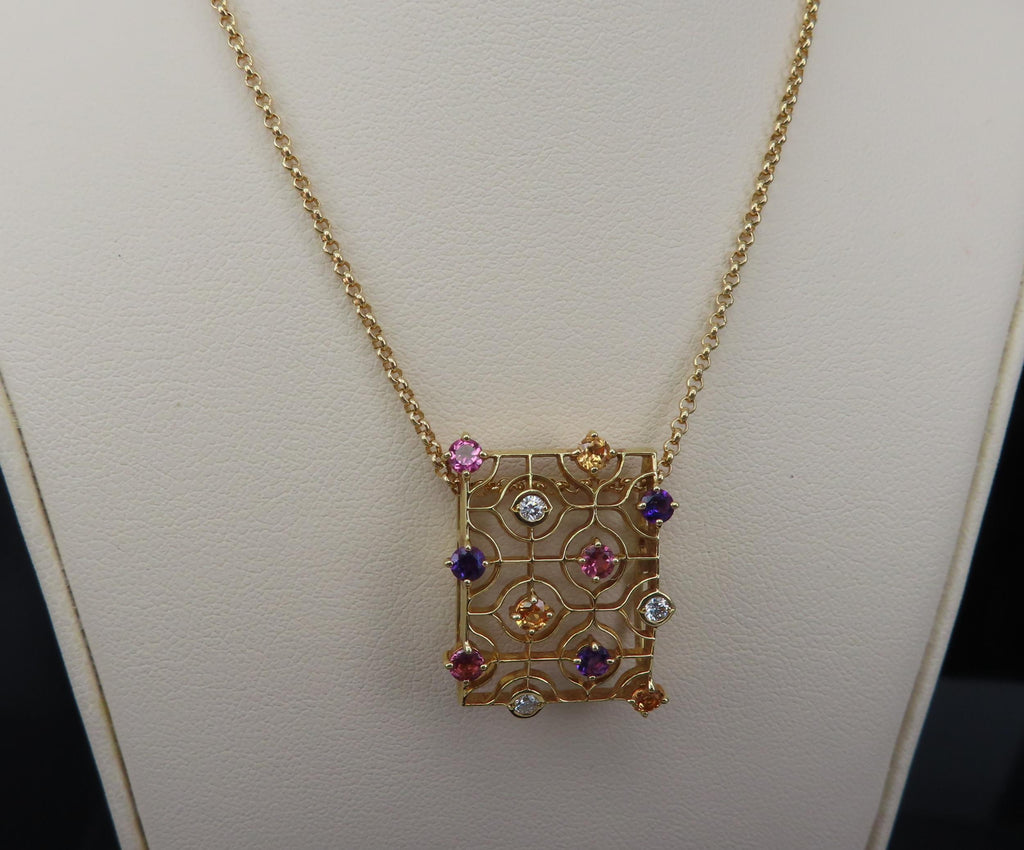 Rare Mikimoto 0.10ct Diamond 0.90ct Multicolor Sapphire 18K Yellow Gold Necklace