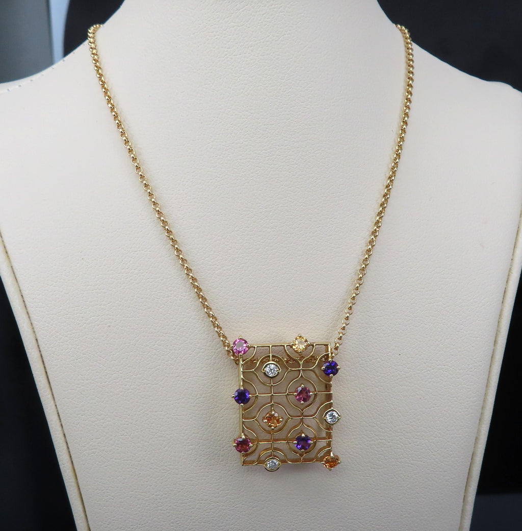 Rare Mikimoto 0.10ct Diamond 0.90ct Multicolor Sapphire 18K Yellow Gold Necklace