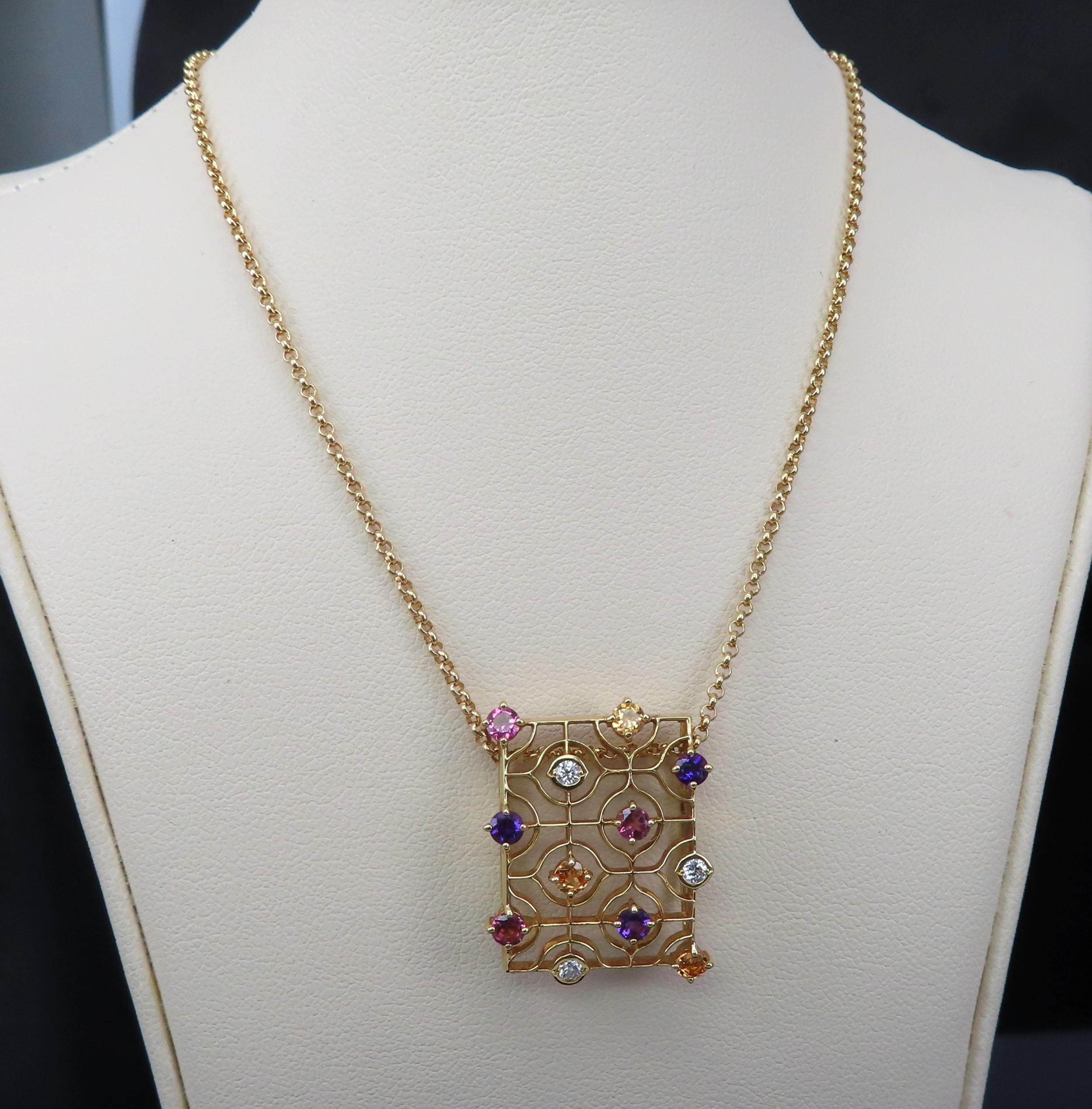 Rare Mikimoto 0.10ct Diamond 0.90ct Multicolor Sapphire 18K Yellow Gold Necklace