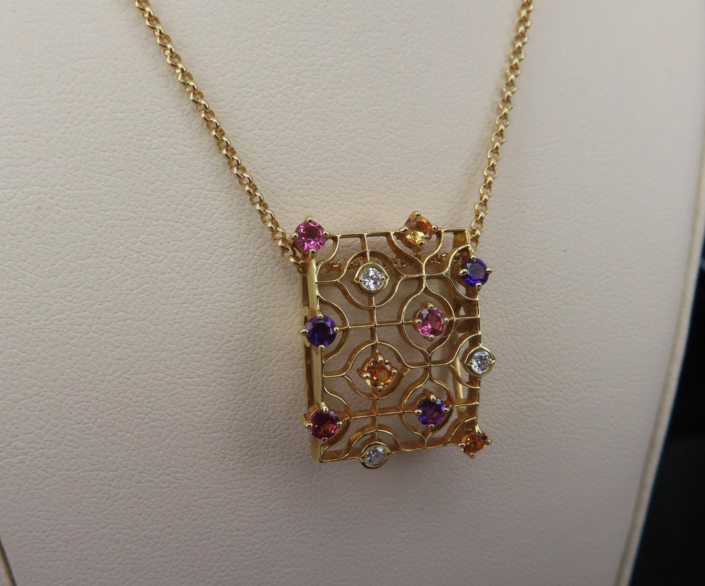 Rare Mikimoto 0.10ct Diamond 0.90ct Multicolor Sapphire 18K Yellow Gold Necklace