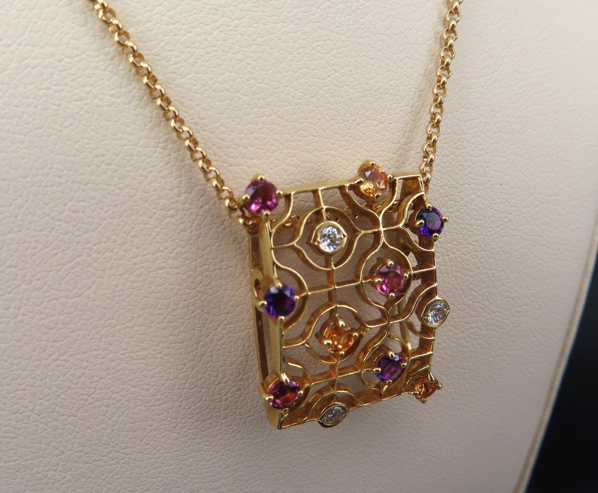 Rare Mikimoto 0.10ct Diamond 0.90ct Multicolor Sapphire 18K Yellow Gold Necklace