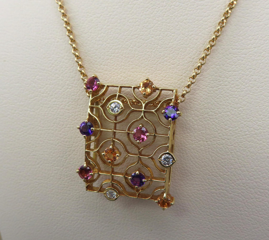 Rare Mikimoto 0.10ct Diamond 0.90ct Multicolor Sapphire 18K Yellow Gold Necklace
