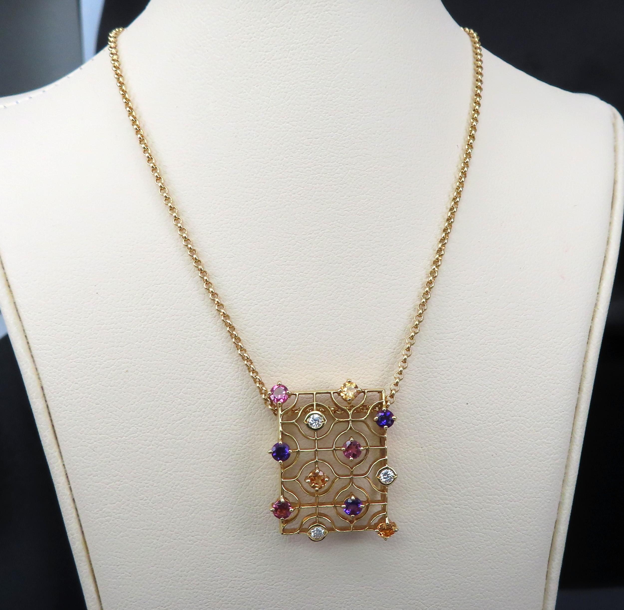 Rare Mikimoto 0.10ct Diamond 0.90ct Multicolor Sapphire 18K Yellow Gold Necklace