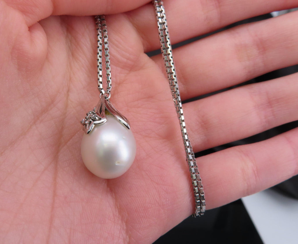 Vintage 13.8mm South Seas Tear Drop Pearl & 0.05ct Diamond 19" Platinum Necklace