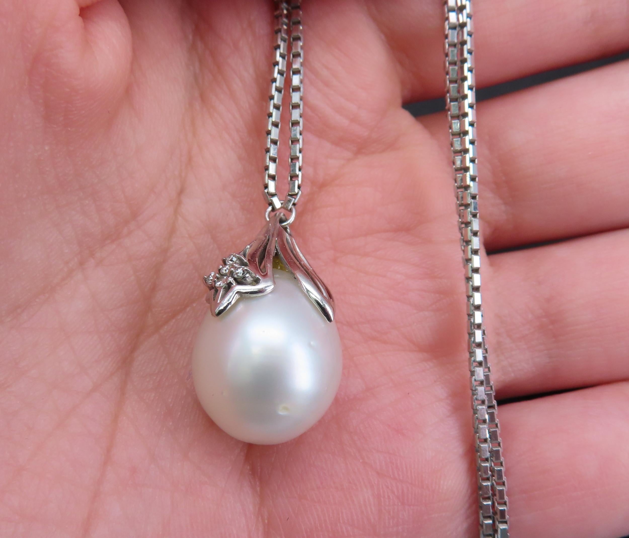 Vintage 13.8mm South Seas Tear Drop Pearl & 0.05ct Diamond 19" Platinum Necklace