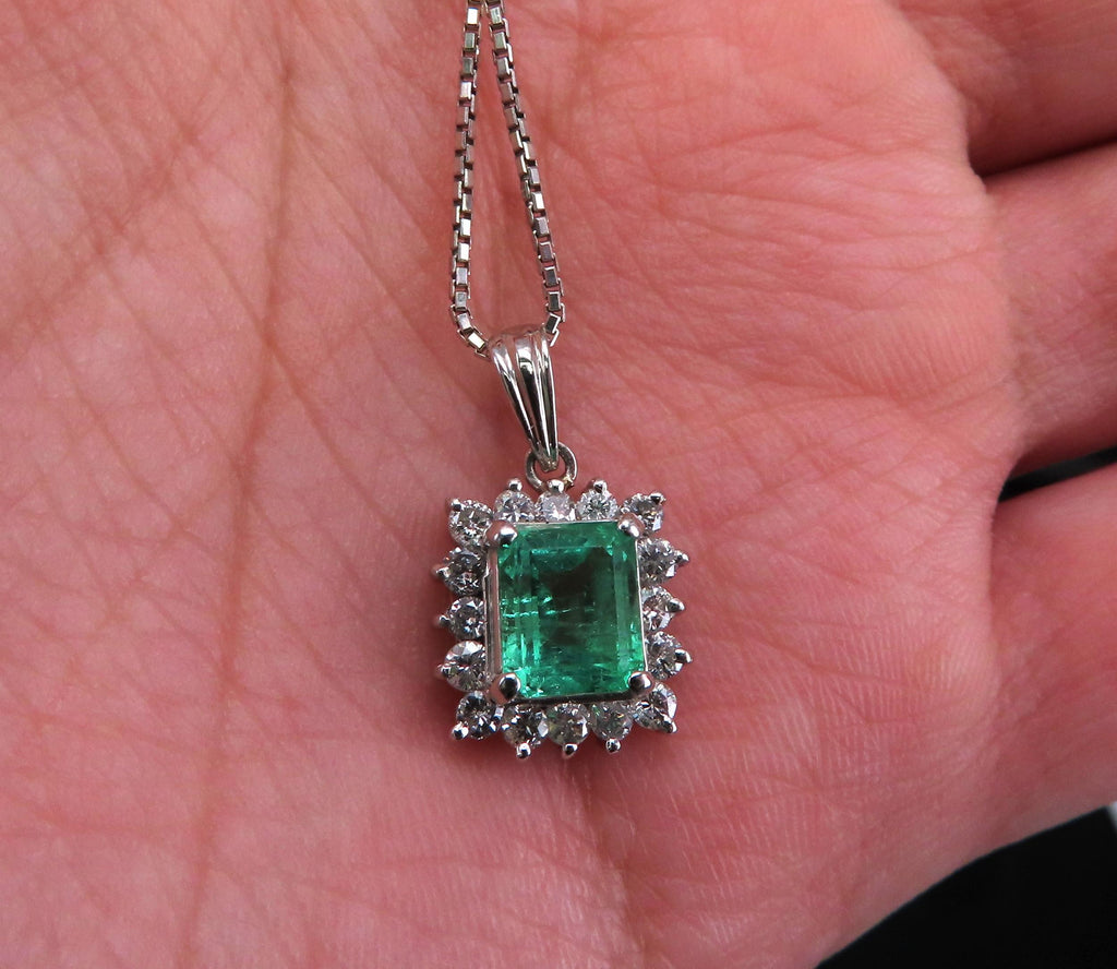 Vintage 1.44ct Colombian Emerald Cut Emerald 0.50ct Diamond Platinum Necklace