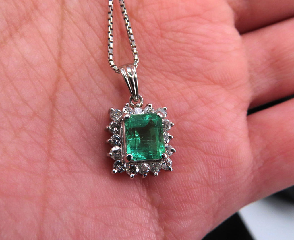 Vintage 1.44ct Colombian Emerald Cut Emerald 0.50ct Diamond Platinum Necklace