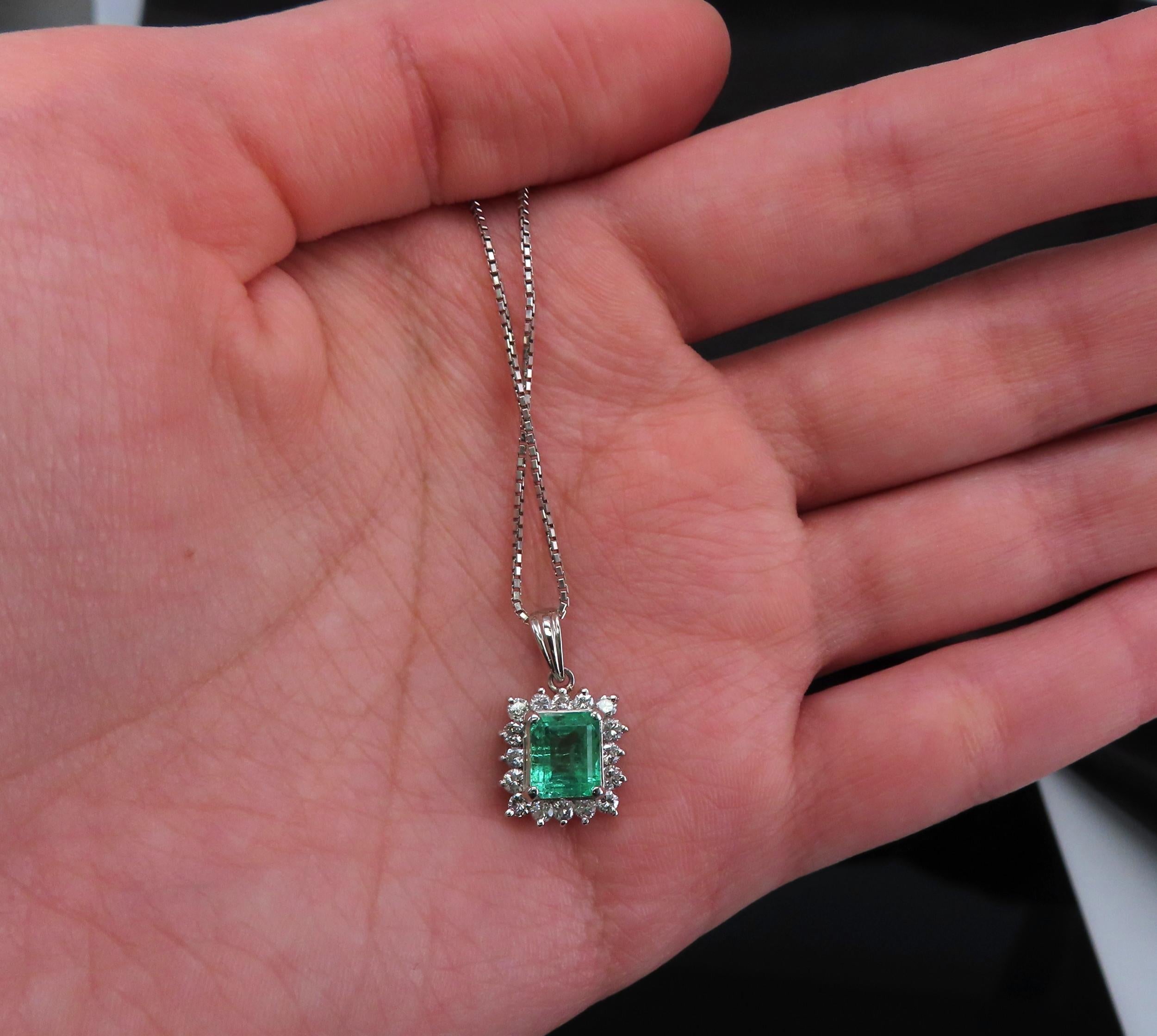 Vintage 1.44ct Colombian Emerald Cut Emerald 0.50ct Diamond Platinum Necklace