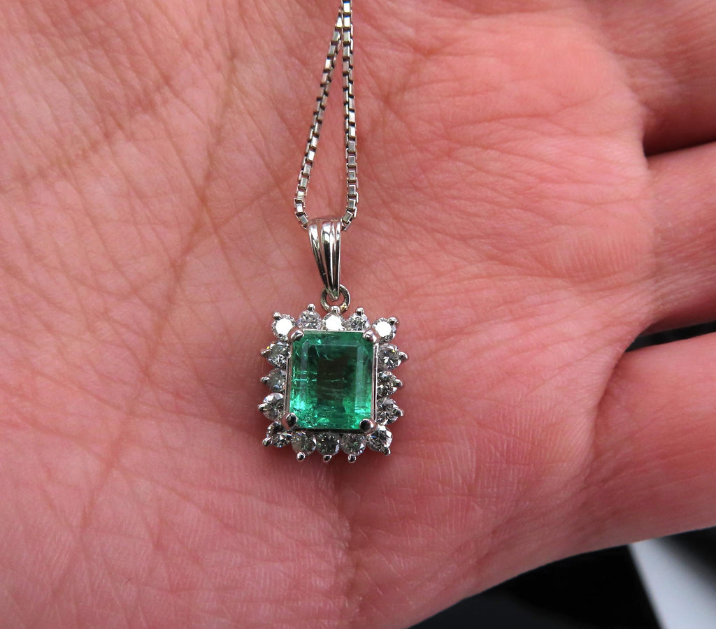 Vintage 1.44ct Colombian Emerald Cut Emerald 0.50ct Diamond Platinum Necklace