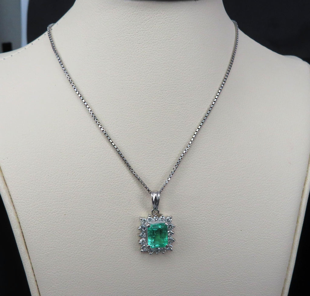 Vintage 1.44ct Colombian Emerald Cut Emerald 0.50ct Diamond Platinum Necklace