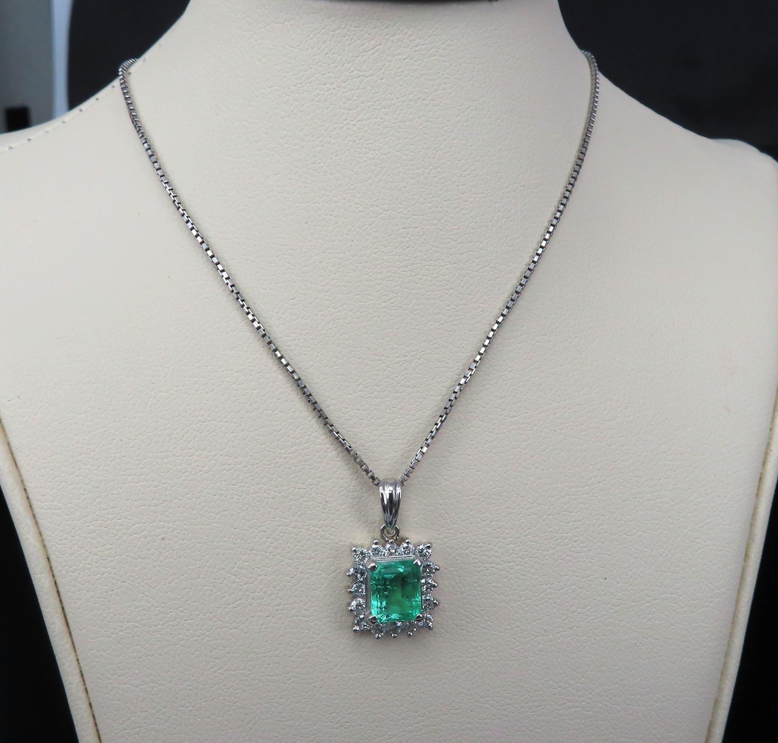 Vintage 1.44ct Colombian Emerald Cut Emerald 0.50ct Diamond Platinum Necklace