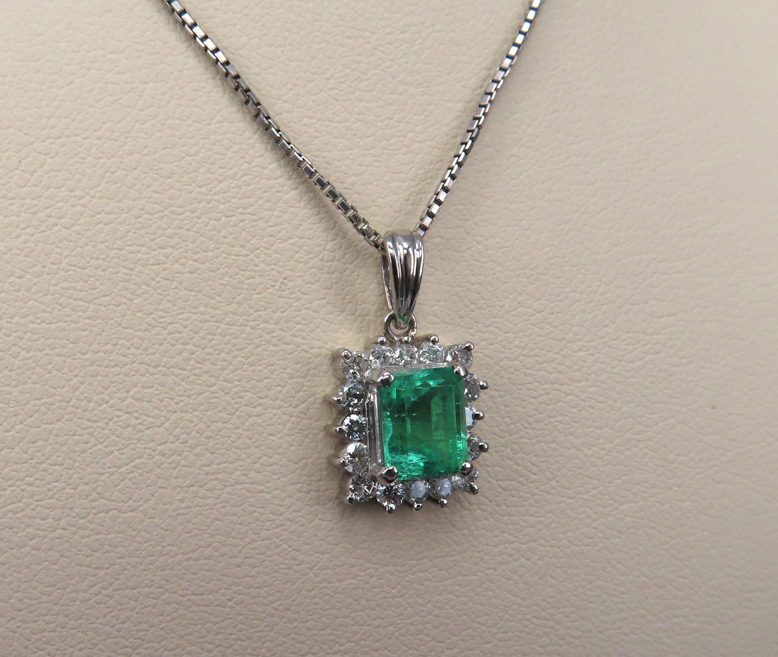 Vintage 1.44ct Colombian Emerald Cut Emerald 0.50ct Diamond Platinum Necklace