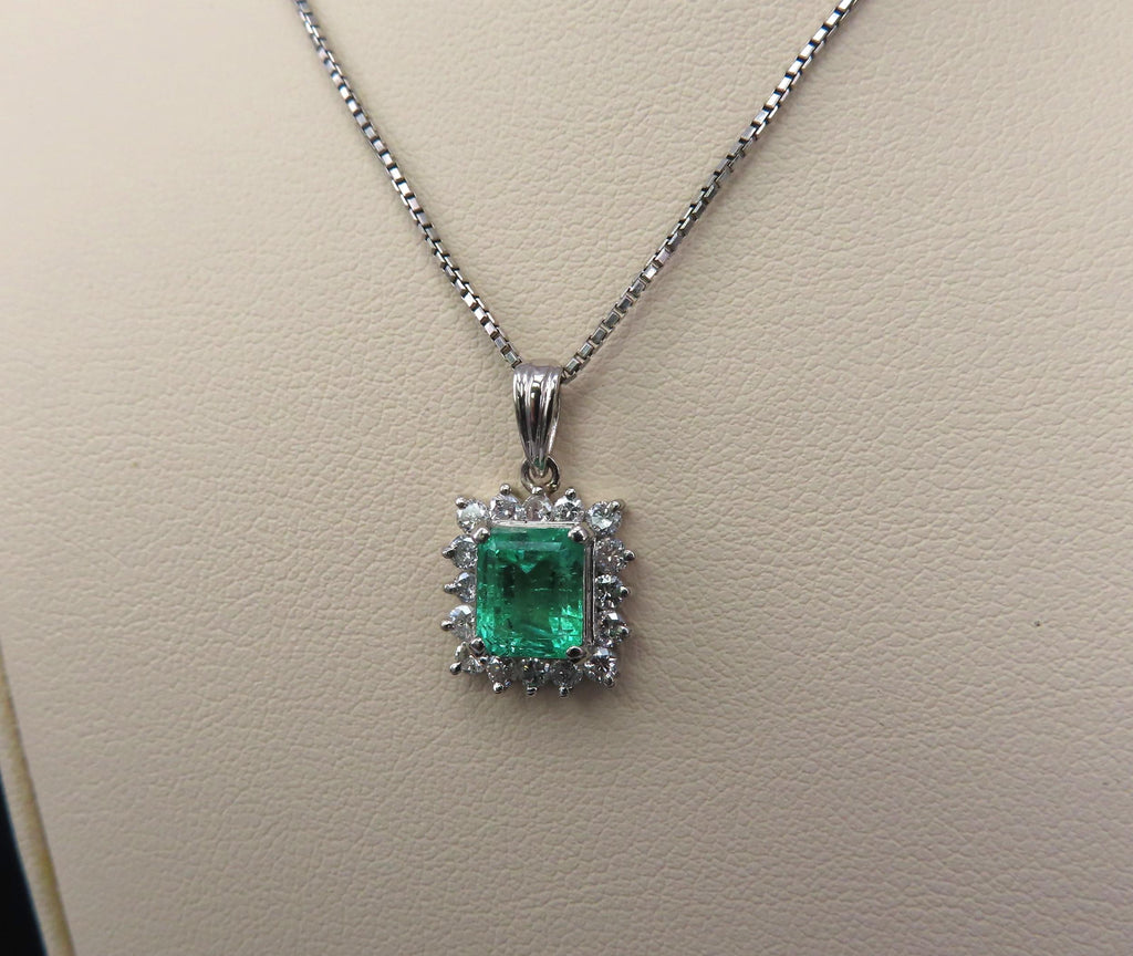 Vintage 1.44ct Colombian Emerald Cut Emerald 0.50ct Diamond Platinum Necklace