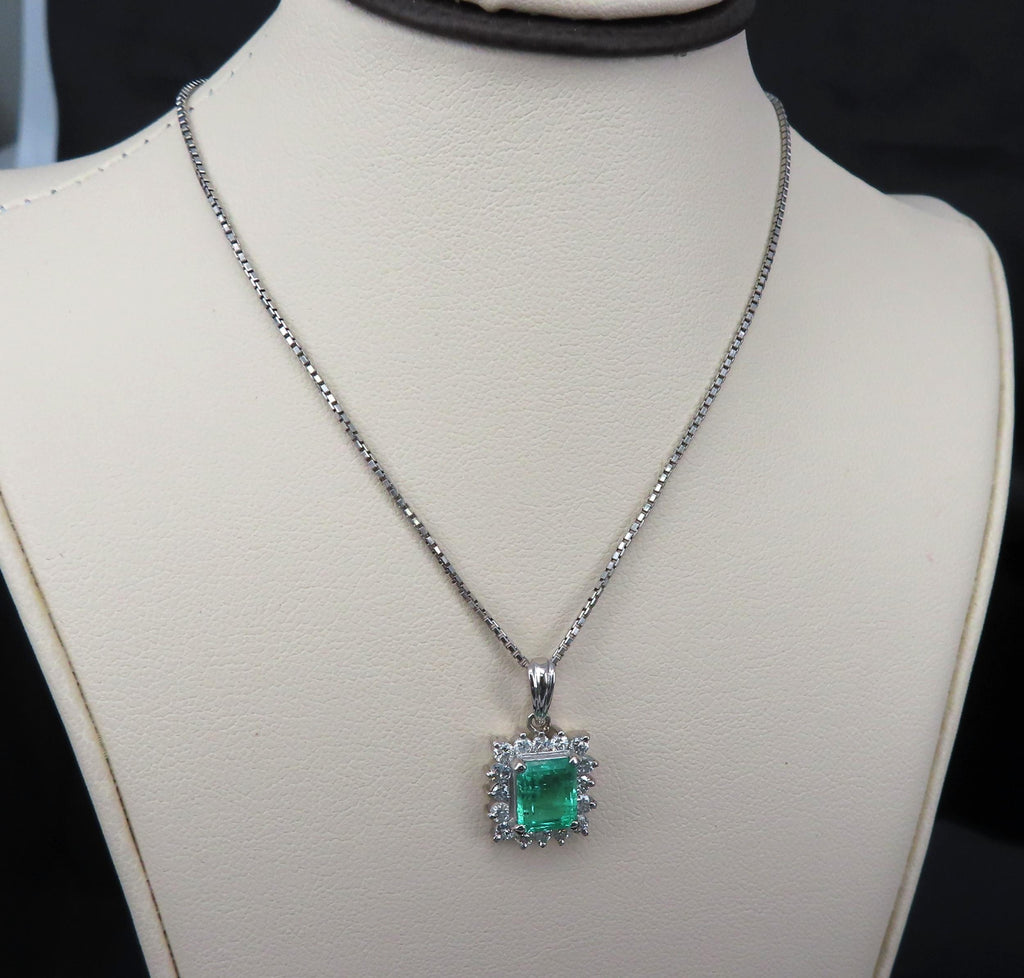 Vintage 1.44ct Colombian Emerald Cut Emerald 0.50ct Diamond Platinum Necklace
