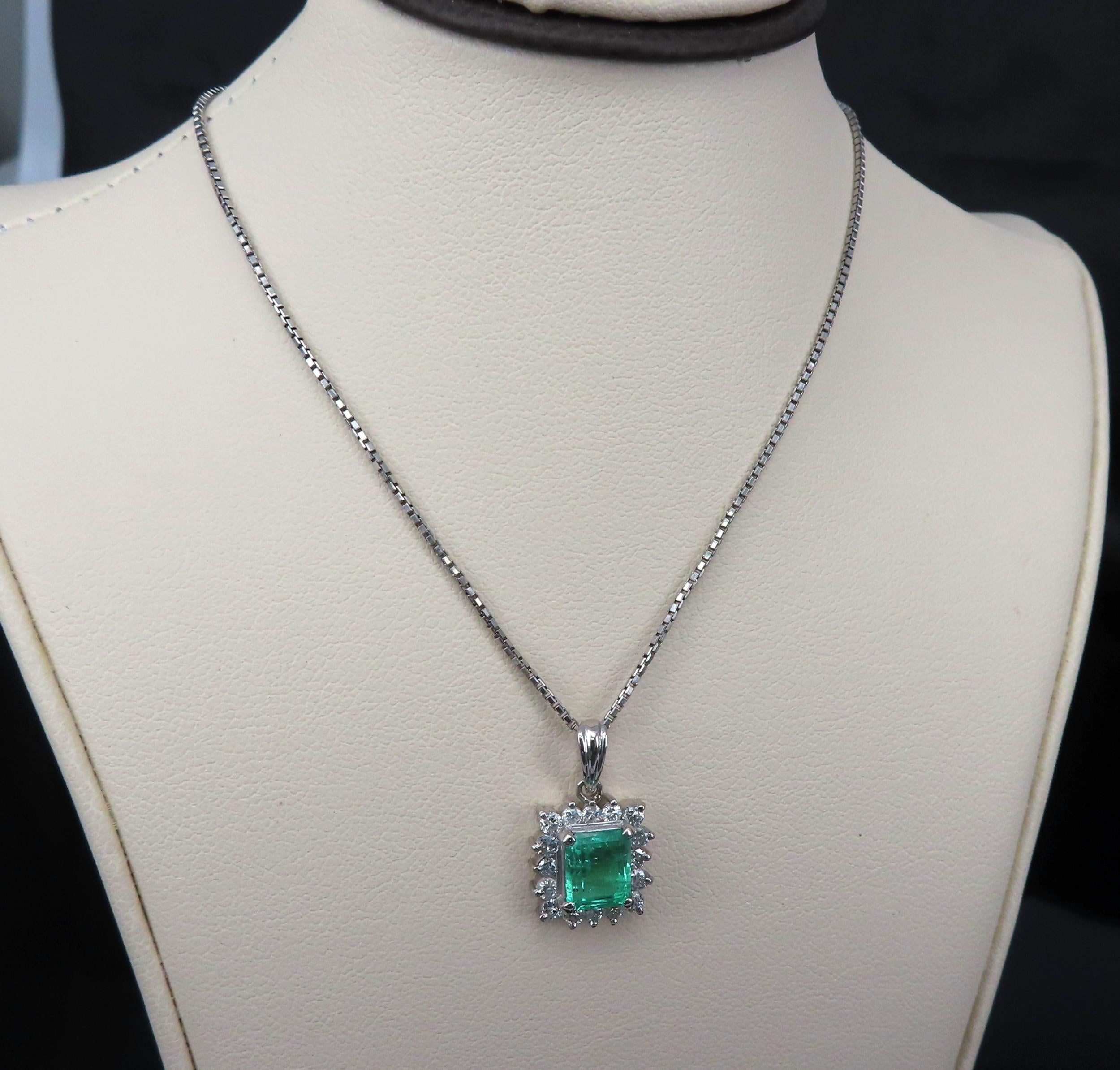 Vintage 1.44ct Colombian Emerald Cut Emerald 0.50ct Diamond Platinum Necklace