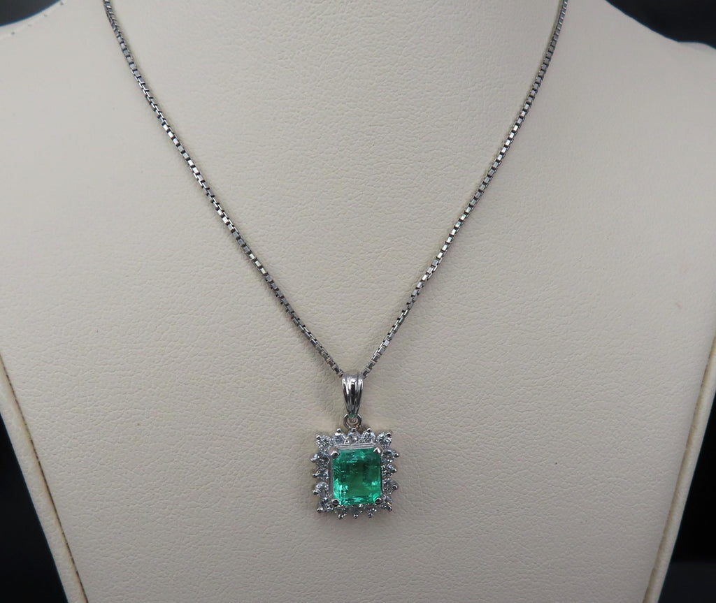 Vintage 1.44ct Colombian Emerald Cut Emerald 0.50ct Diamond Platinum Necklace