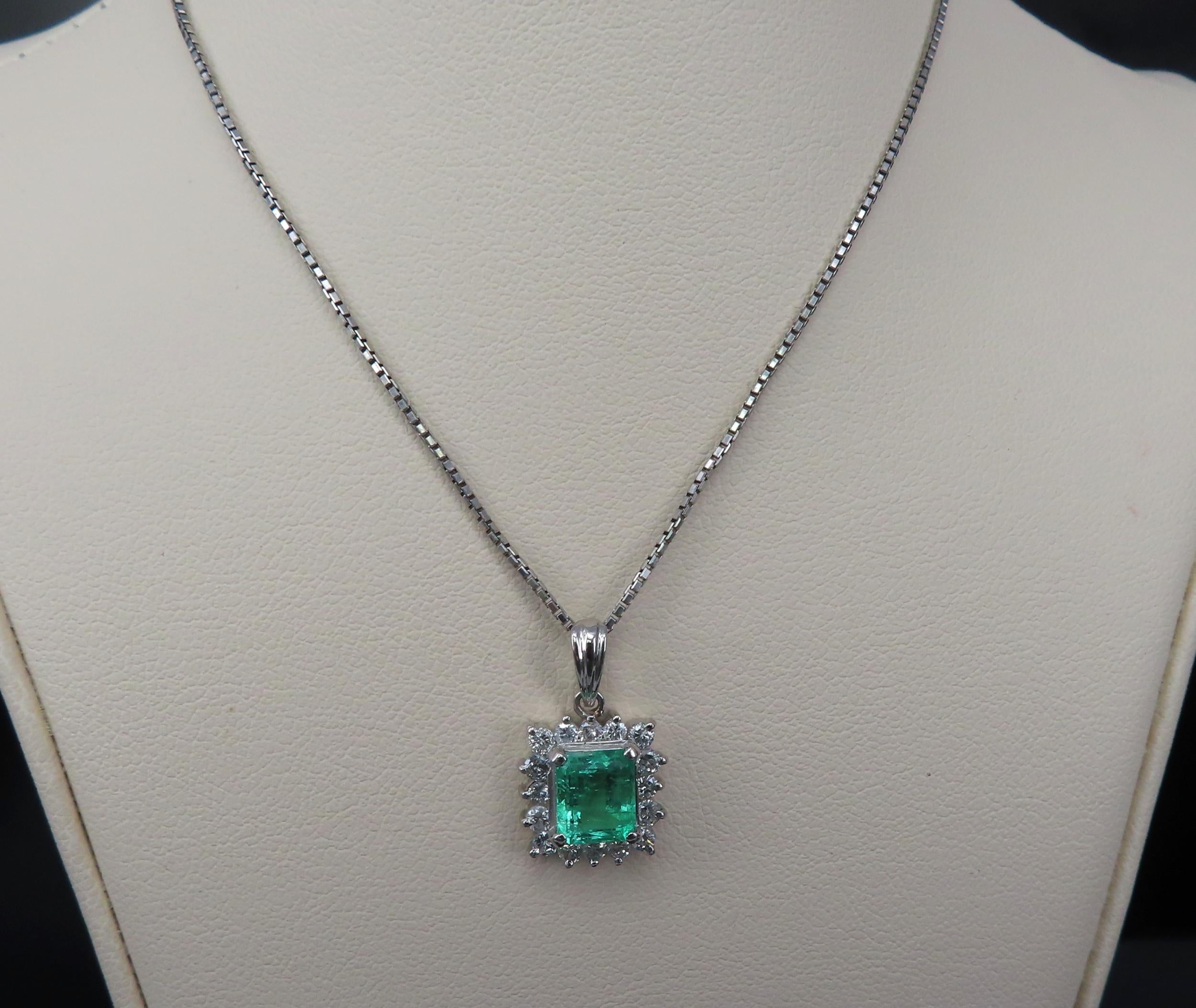 Vintage 1.44ct Colombian Emerald Cut Emerald 0.50ct Diamond Platinum Necklace