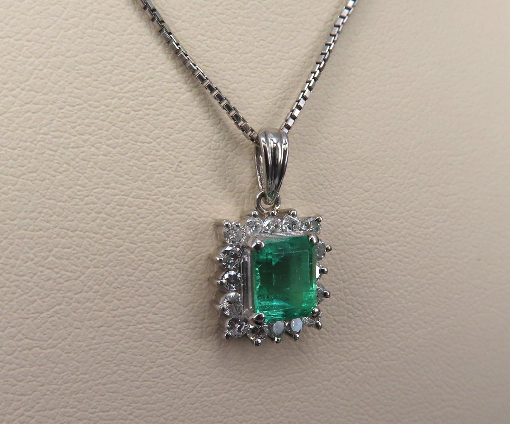 Vintage 1.44ct Colombian Emerald Cut Emerald 0.50ct Diamond Platinum Necklace