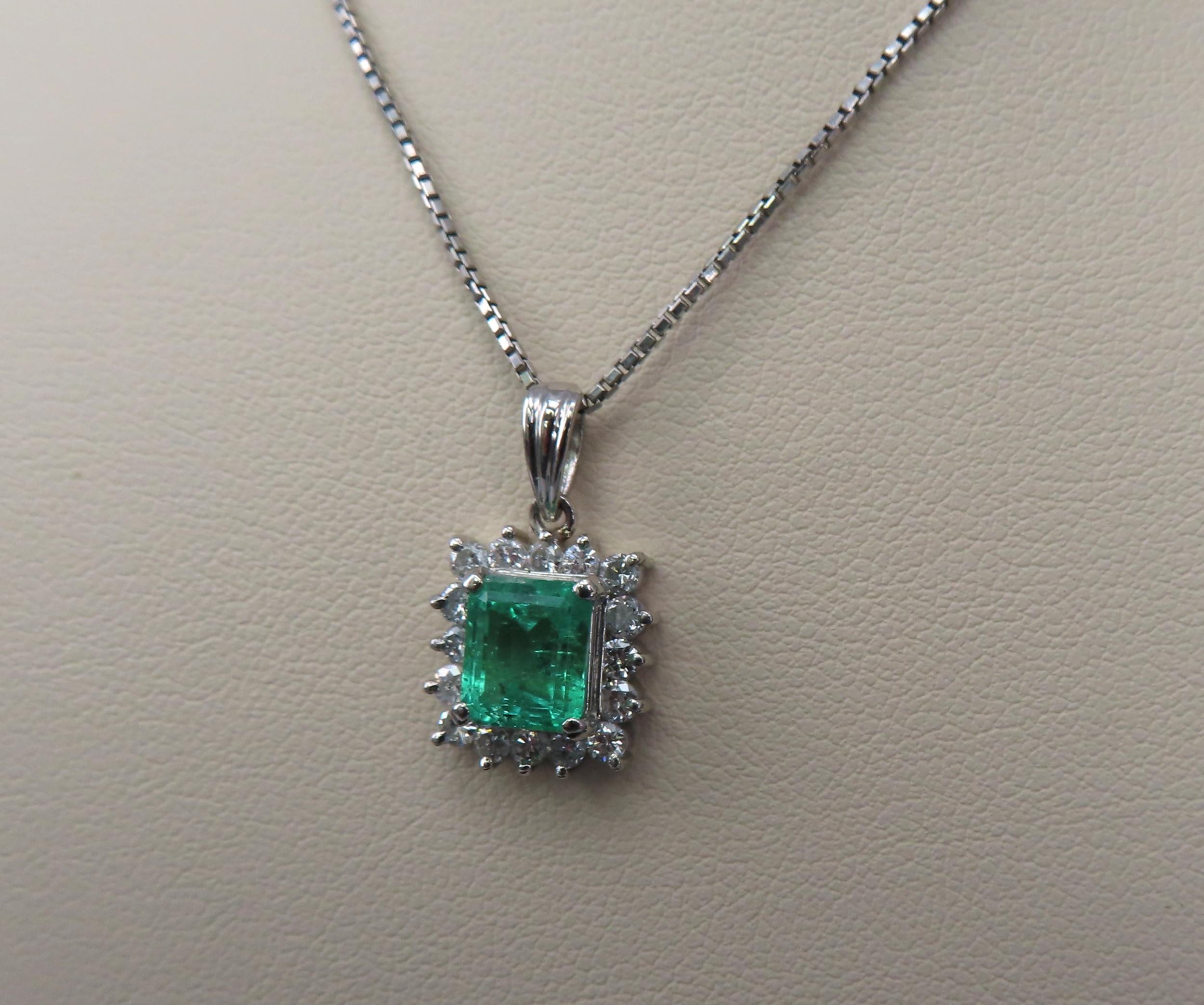 Vintage 1.44ct Colombian Emerald Cut Emerald 0.50ct Diamond Platinum Necklace