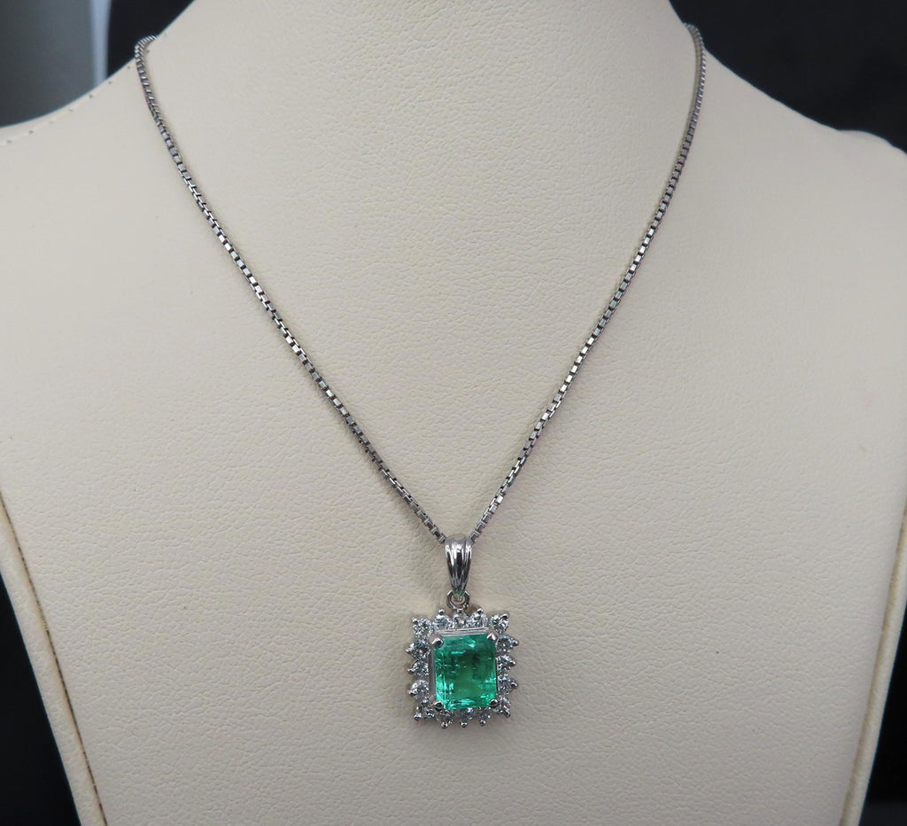 Vintage 1.44ct Colombian Emerald Cut Emerald 0.50ct Diamond Platinum Necklace