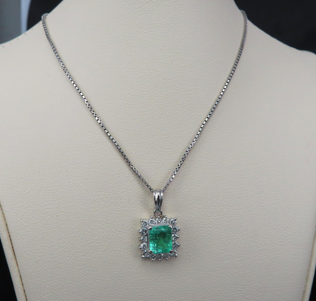 Vintage 1.44ct Colombian Emerald Cut Emerald 0.50ct Diamond Platinum Necklace