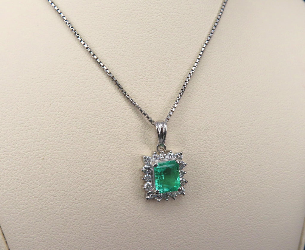 Vintage 1.44ct Colombian Emerald Cut Emerald 0.50ct Diamond Platinum Necklace