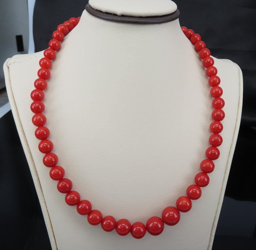 Fine 4.9-8.6mm Natural Untreated Ox Blood Red Coral 14K Yellow Gold Necklace