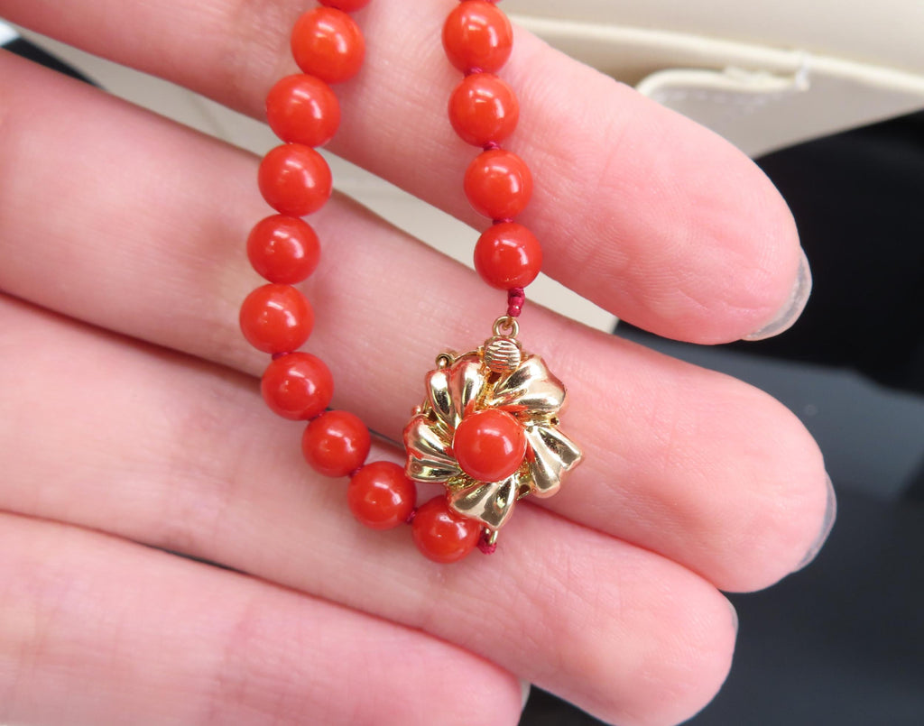 Fine 4.9-8.6mm Natural Untreated Ox Blood Red Coral 14K Yellow Gold Necklace