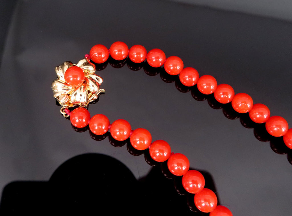 8.6mm Intense Red Natural Untreated Ox Blood Coral 14K Gold 16.5" Necklace 23.4g