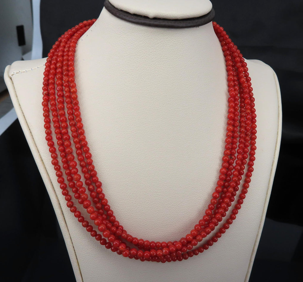 Natural Untreated Ox Blood Coral 2.5-2.9mm 5 layer 18K Yellow Gold 19" Necklace